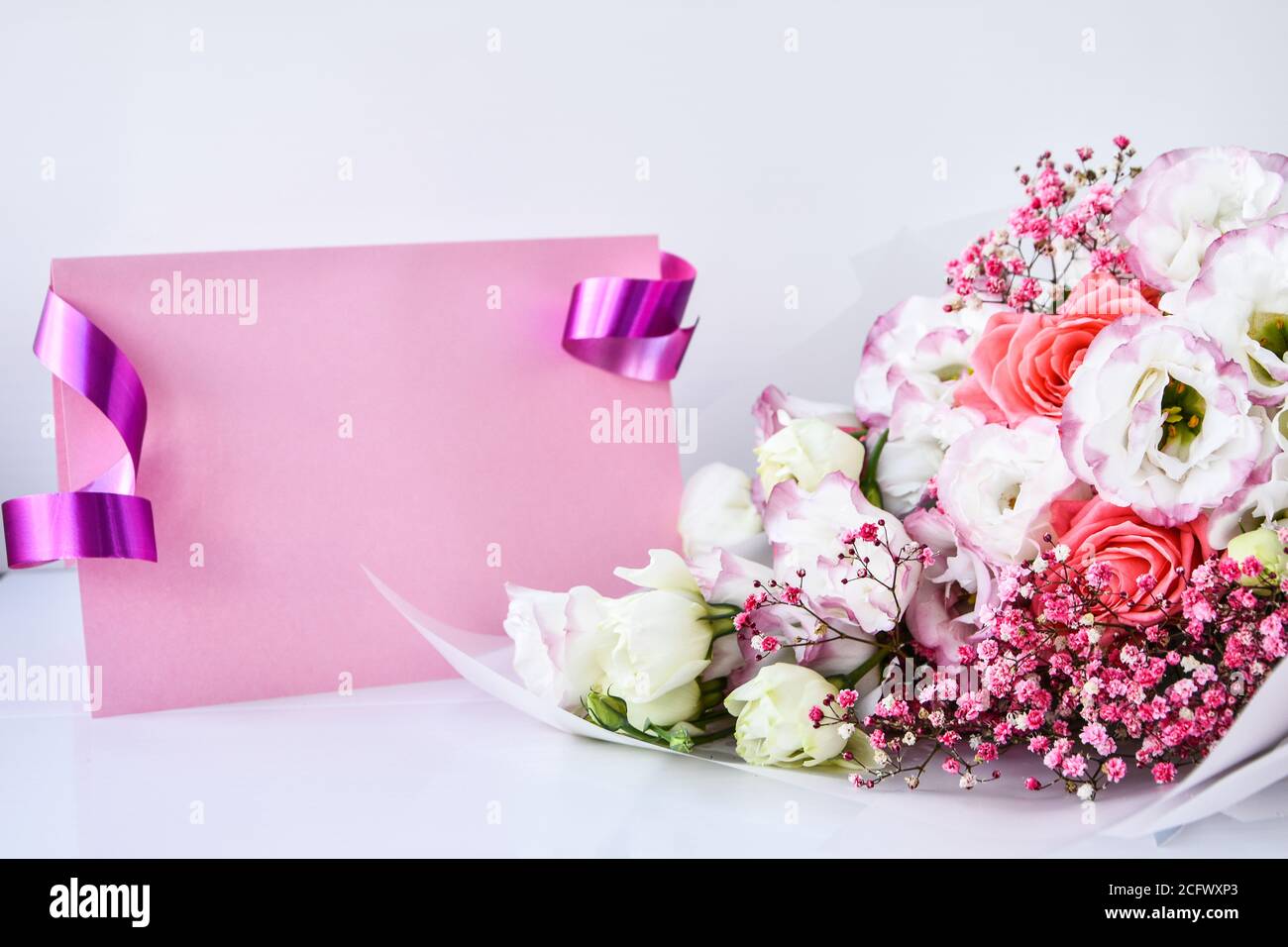 Download Card Mockup With Delicate Bouquet Floral Background Top View Flat Lay Holiday Card 8 March Happy Valentine S Day Mother S Day Concept Copy Space Stock Photo Alamy