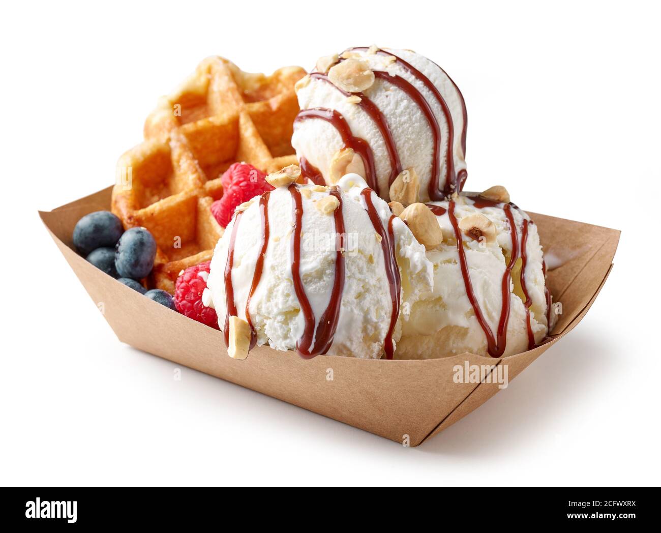 belgian waffle with fresh berries and vanilla ice cream in paper take ...