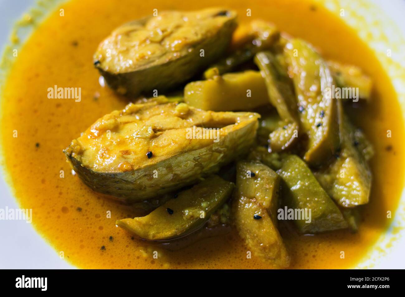 famous Bengali dish hilsha/Ilish with brinjal/Eggplant recipe Stock