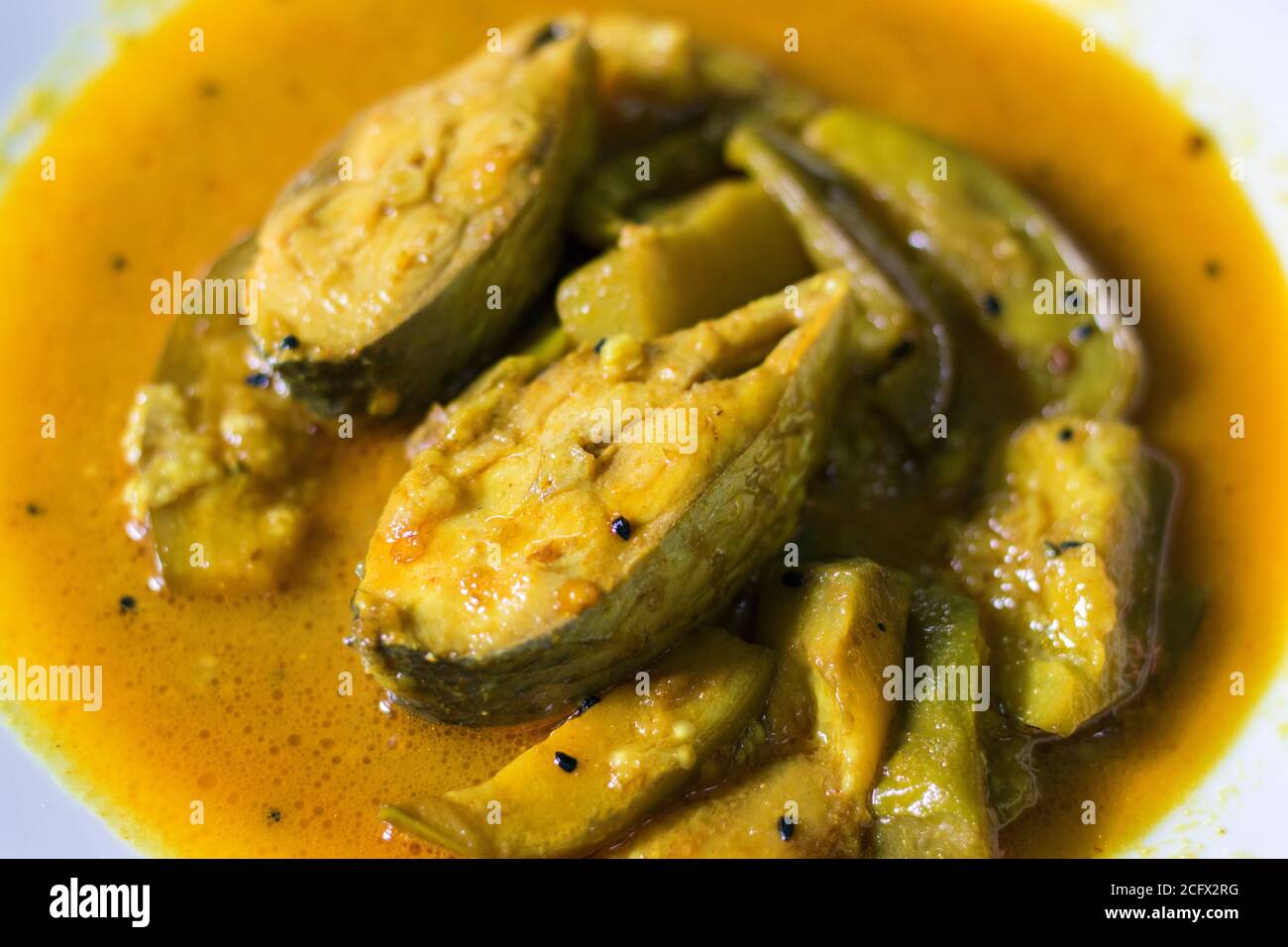 famous Bengali dish hilsha/Ilish with brinjal/Eggplant recipe Stock