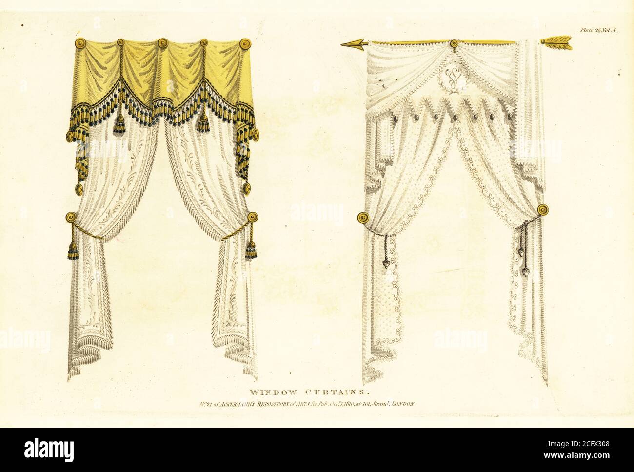 French drapery window curtains, 1810. Lemon-silk drapes and embroidered muslin curtains hanging from large rosette pins, and fine fringed muslin drapery hung over a gilt dart. Handcoloured copperplate engraving from The Upholsterer's and Cabinet-Maker's Repository consisting of seventy-six designs of modern and fashionable furniture, Rudolph Ackermann, London, 1830. Stock Photo
