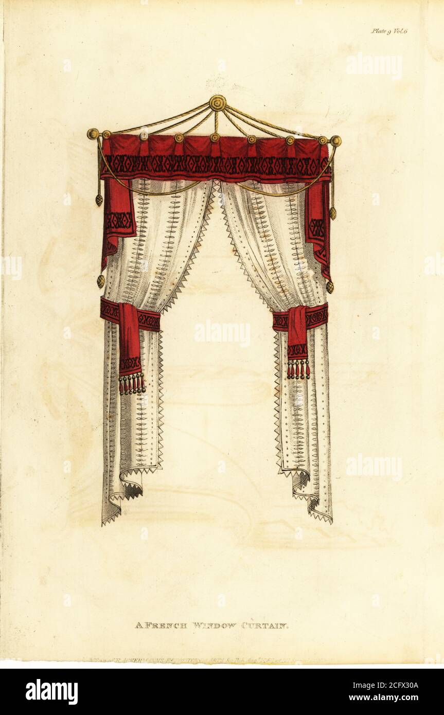 drapery 1826 drawing room window curtains original antique furniture home decorative hand colored engraving