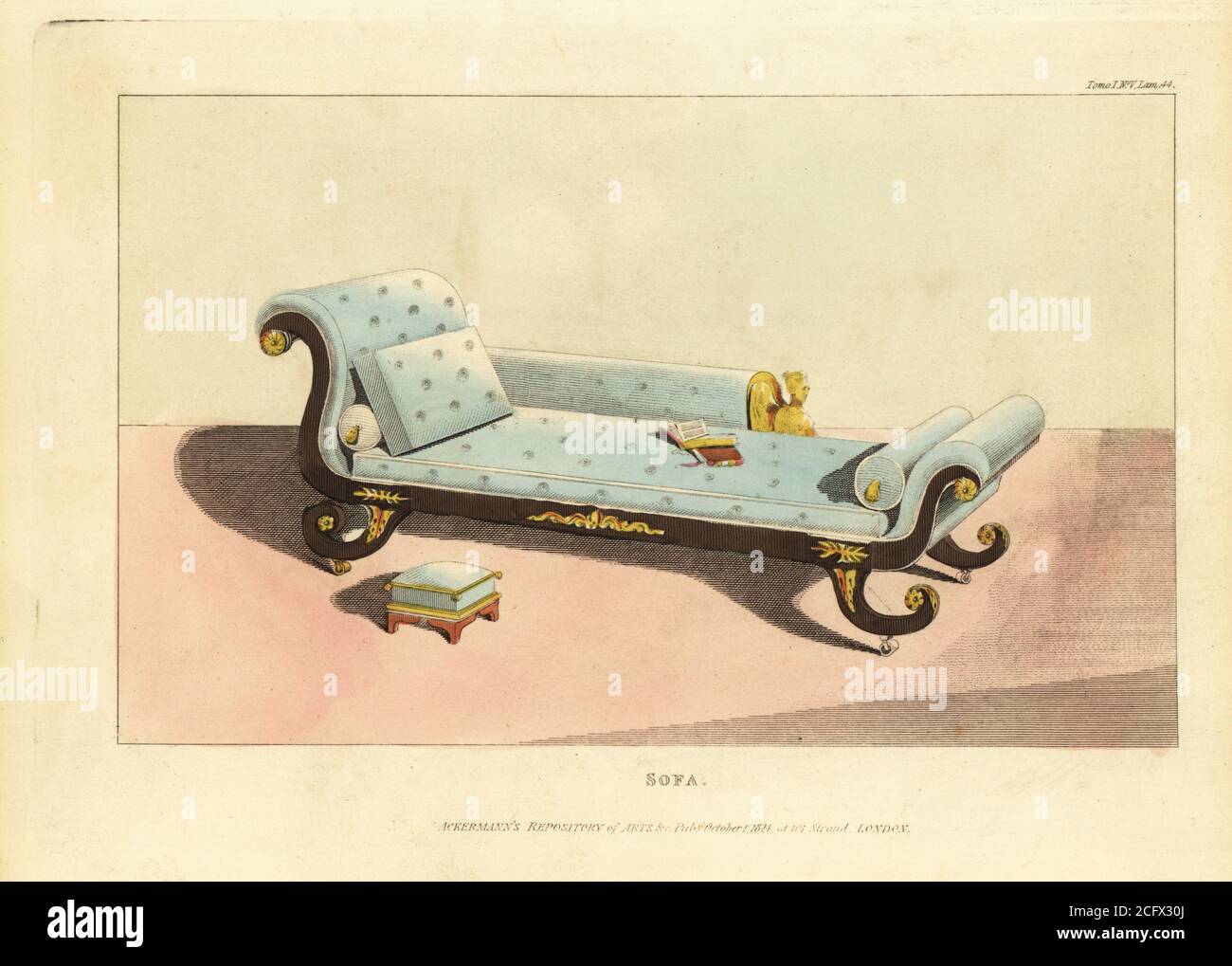 Grecian sofa, 1811. Elegant Grecian sofa for the library or boudoir. In mahogany ornamented with ormolu, French-stuffed squab, bolsters and cushions covered with morocco leather.  Handcoloured copperplate engraving from The Upholsterer's and Cabinet-Maker's Repository consisting of seventy-six designs of modern and fashionable furniture, Rudolph Ackermann, London, 1830. Stock Photo