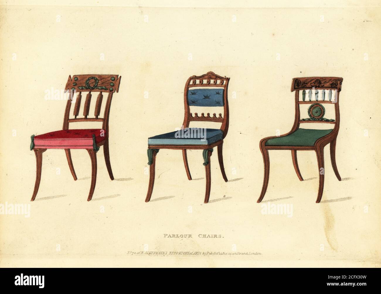 Parlour chairs, 1814. Mahogany dining chair with cane seat, separate cushion 1, Grecian chair in mahogany with bronzed metal knees 2, and Trafalgar chair after Lord Horatio Nelson with ebony inlay yoke, bronzed metal ornaments 3. Handcoloured copperplate engraving from The Upholsterer's and Cabinet-Maker's Repository consisting of seventy-six designs of modern and fashionable furniture, Rudolph Ackermann, London, 1830. Stock Photo