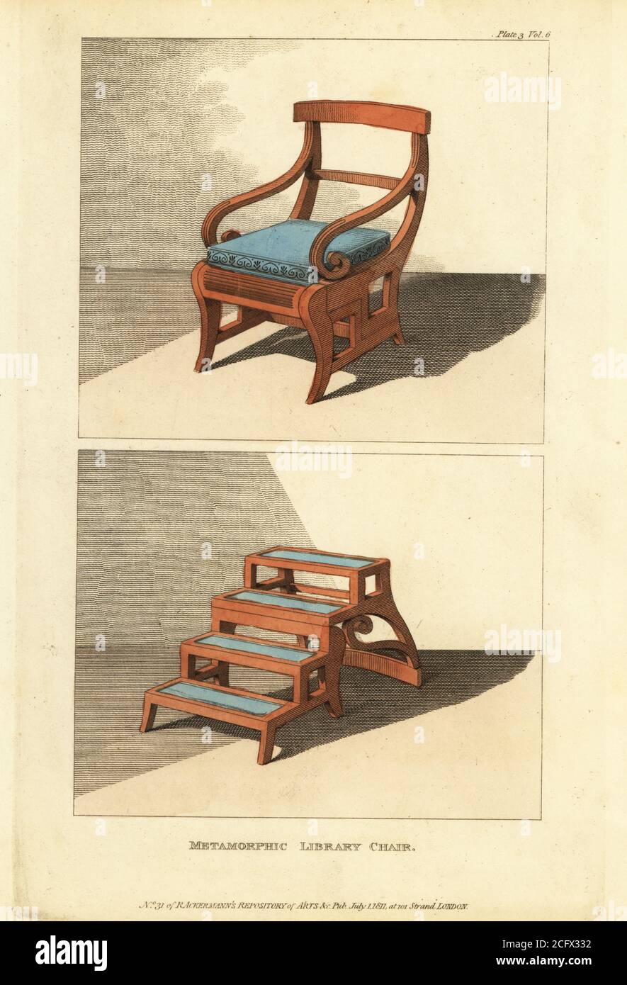 Metamorphic library chair, 1811. It has curved back legs like the Trafalgar chair, armrests, cushion, and folds out into a step ladder. Patented by Robert Campbell, manufactured by Thomas Morgan and Joseph Stanley, Catherine Street, Strand. Handcoloured copperplate engraving from The Upholsterer's and Cabinet-Maker's Repository consisting of seventy-six designs of modern and fashionable furniture, Rudolph Ackermann, London, 1830. Stock Photo