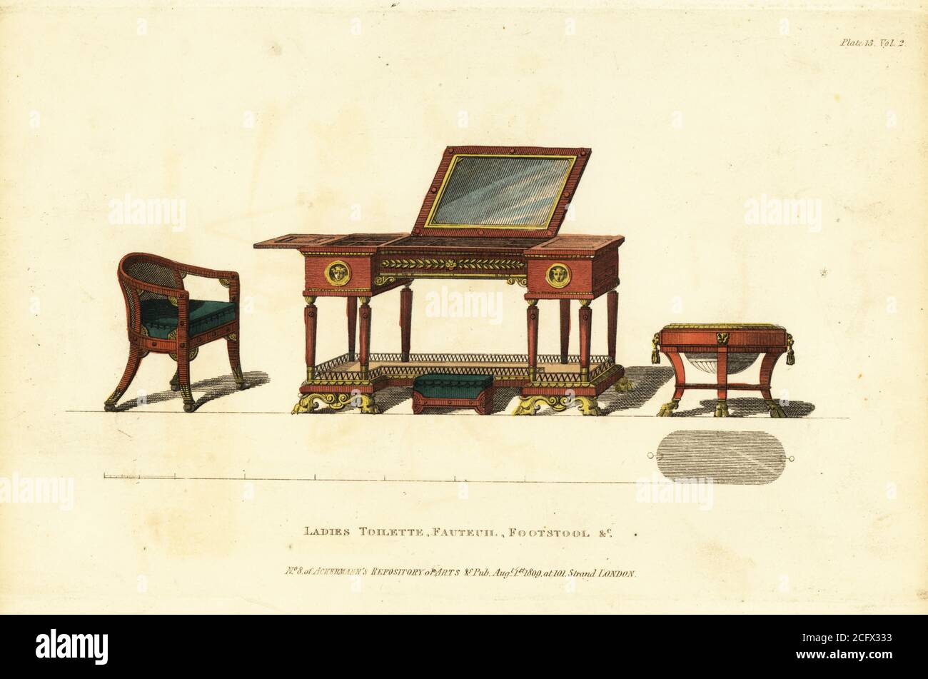 Ladies toilette, fauteuil, footstool, bidet, 1809. Lady’s dressing table in mahogany with a large mirror, ottoman footstool covered in green morocco leather, matching armchair, and chamber bath for the promotion of health. Handcoloured copperplate engraving from The Upholsterer's and Cabinet-Maker's Repository consisting of seventy-six designs of modern and fashionable furniture, Rudolph Ackermann, London, 1830. Stock Photo