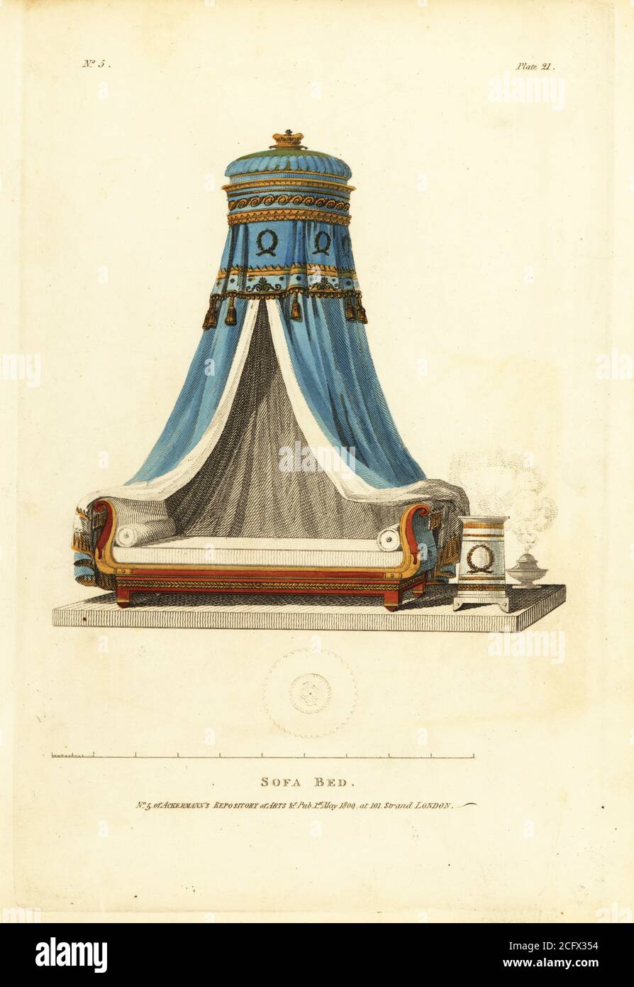 Sofa or French bed, 1809. Sofa with mahogany frame ornamented in gilt, white satin cushions and bolster, blue velvet canopy under a blue satin dome with gold moldings and Vitrurian scroll in the frieze. Handcoloured copperplate engraving from The Upholsterer's and Cabinet-Maker's Repository consisting of seventy-six designs of modern and fashionable furniture, Rudolph Ackermann, London, 1830. Stock Photo