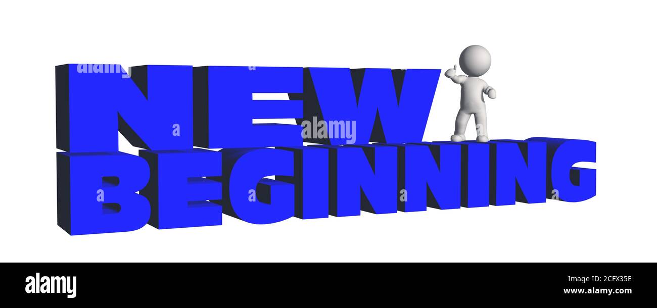 NEW BEGINNING lettering in blue color and leaning 3D people - isolated