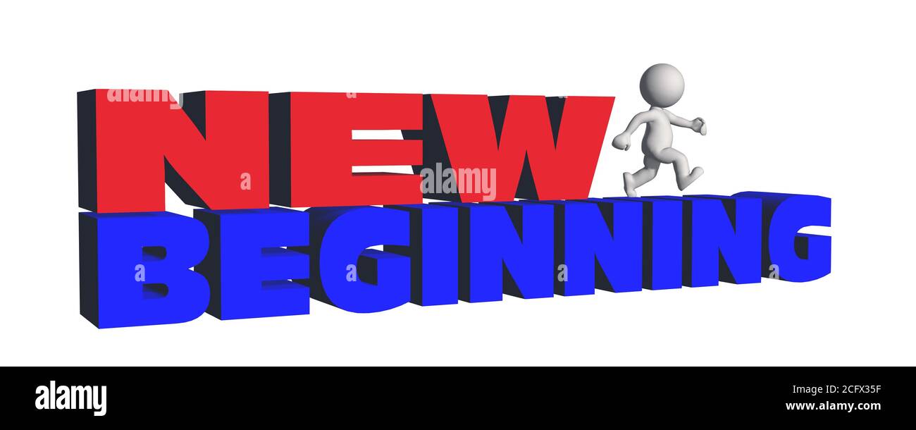 NEW BEGINNING lettering in red - blue color and 3D people - isolated on ...