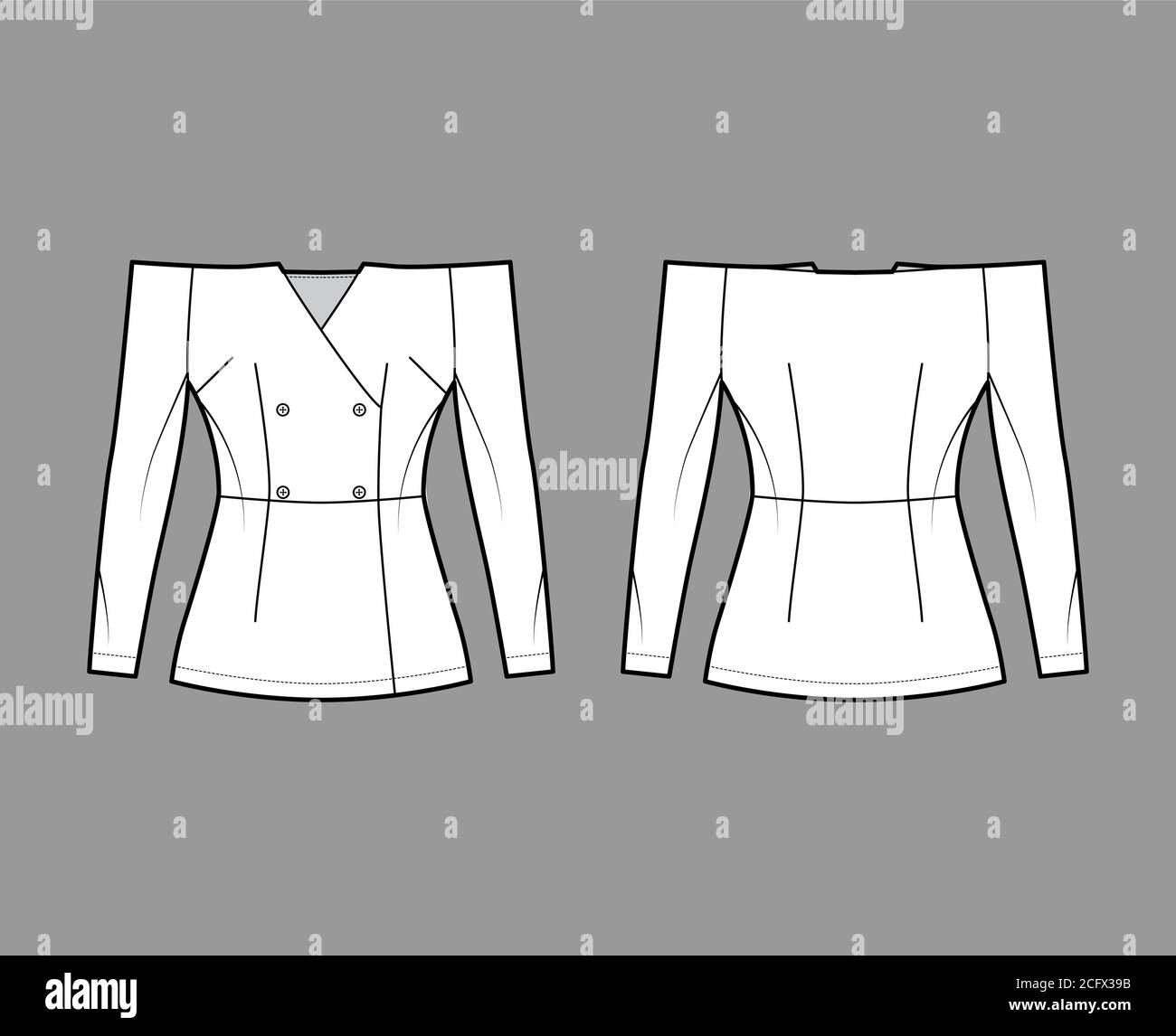 Download Off The Shoulder Double Breasted Top Technical Fashion Illustration With Fitted Silhouette Long Sleeves Button Opening Flat Jacket Template Front Back White Color Women Unisex Blazer Cad Mockup Stock Vector Image Art Alamy