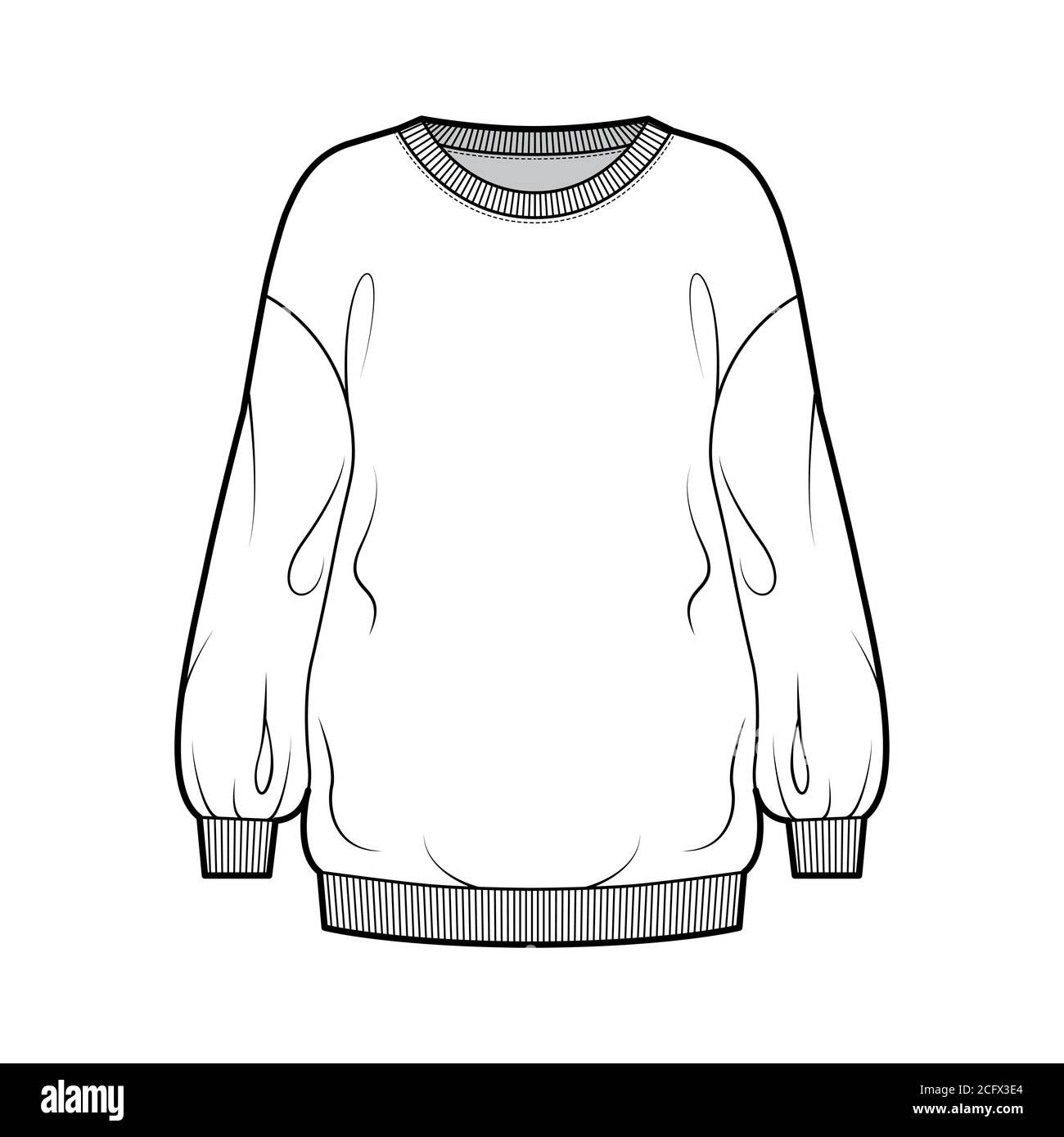 Cotton-terry slouchy oversized sweatshirt technical fashion illustration with loose relaxed fit, crew neckline, long sleeves. Flat jumper apparel template front white color. Women, men, unisex top CAD Stock Vector