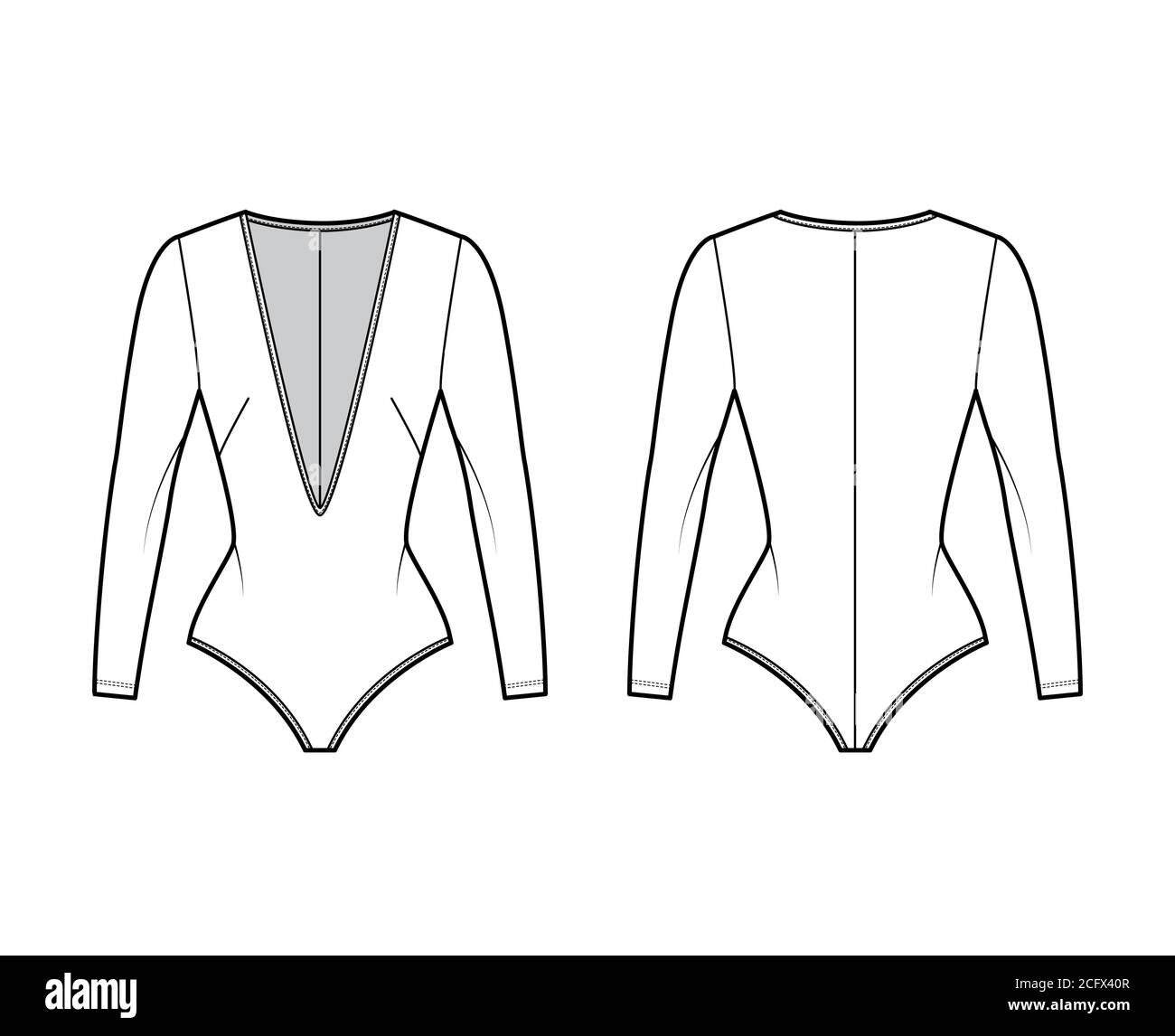 Stretch Jersey Bodysuit Technical Fashion Illustration With Plunging V Neck Long Sleeves Back Zip Fastening Flat One Piece Template Front Back White Color Women Men Unisex Swimsuit Cad Mockup Stock Vector Image Art