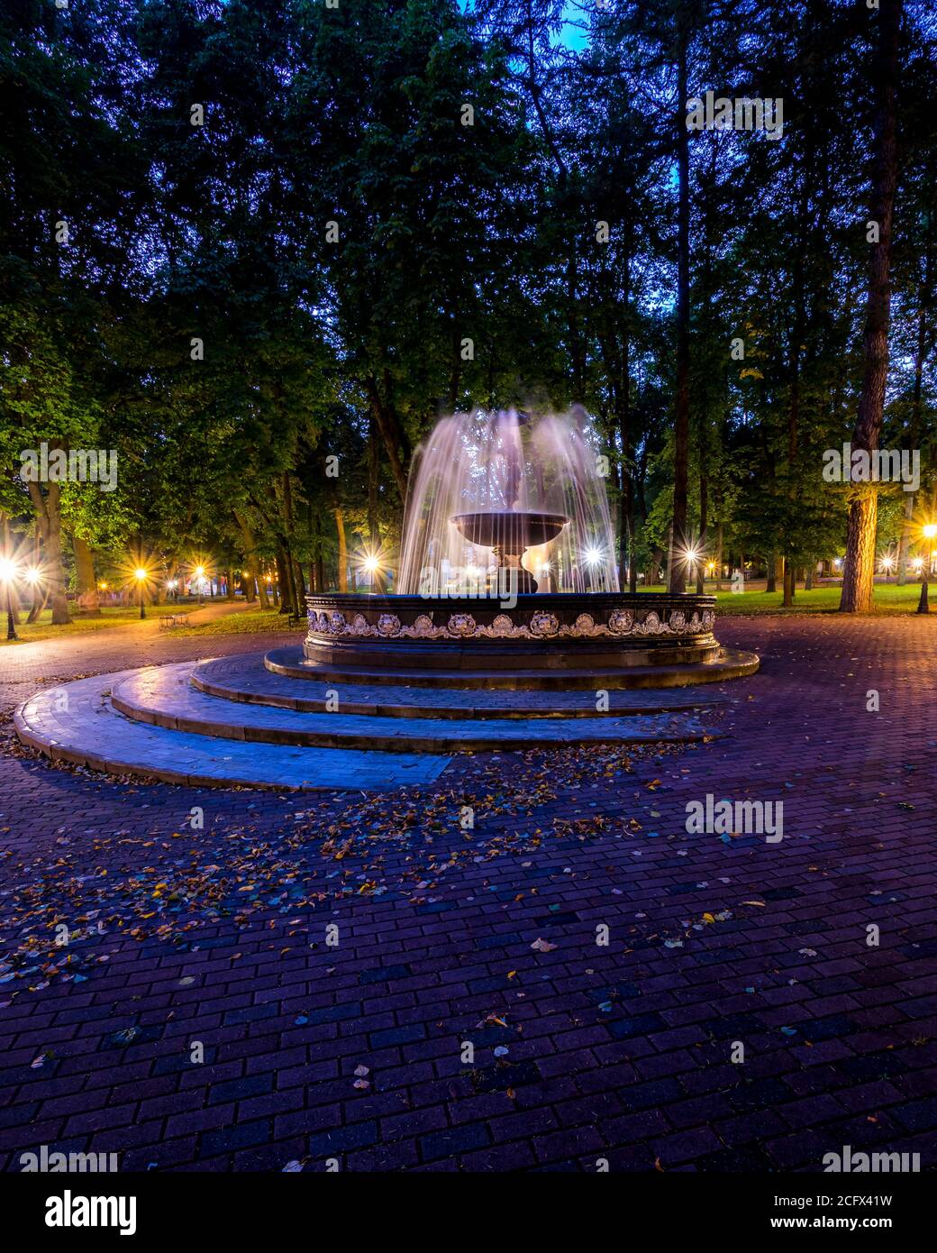 A fountain with blurred streams of water in a night park illuminated by ...