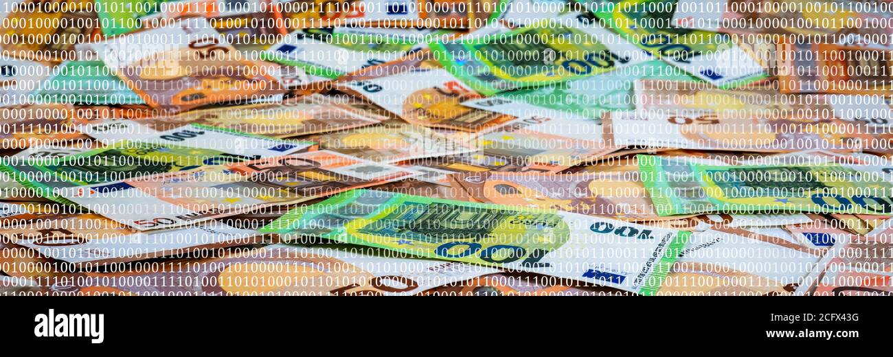 lots of euro cash banknotes under a binary code matrix, symbol for cash ...