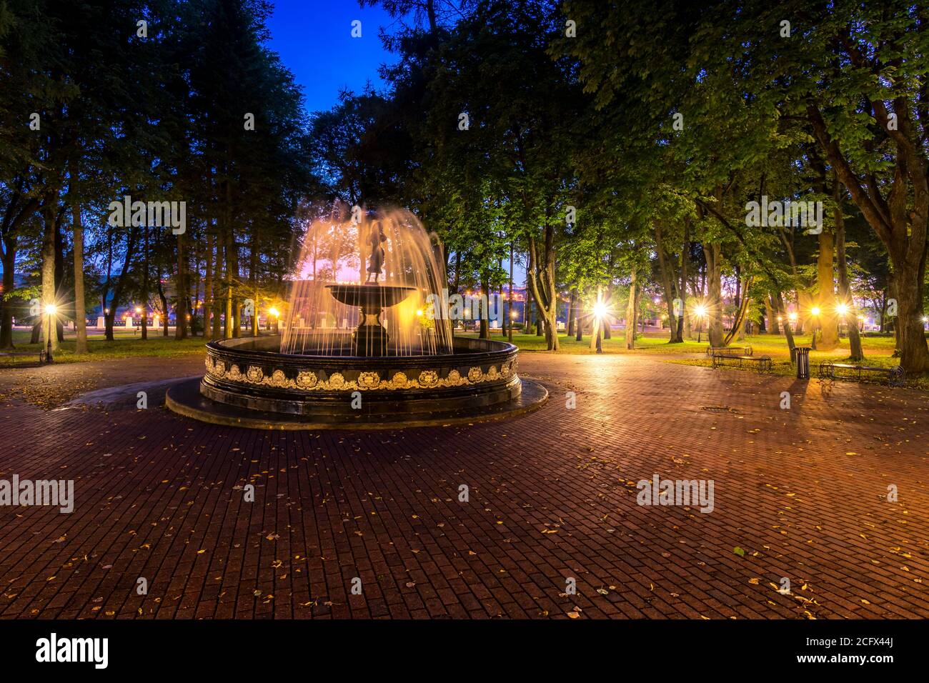 A fountain with blurred streams of water in a night park illuminated by ...