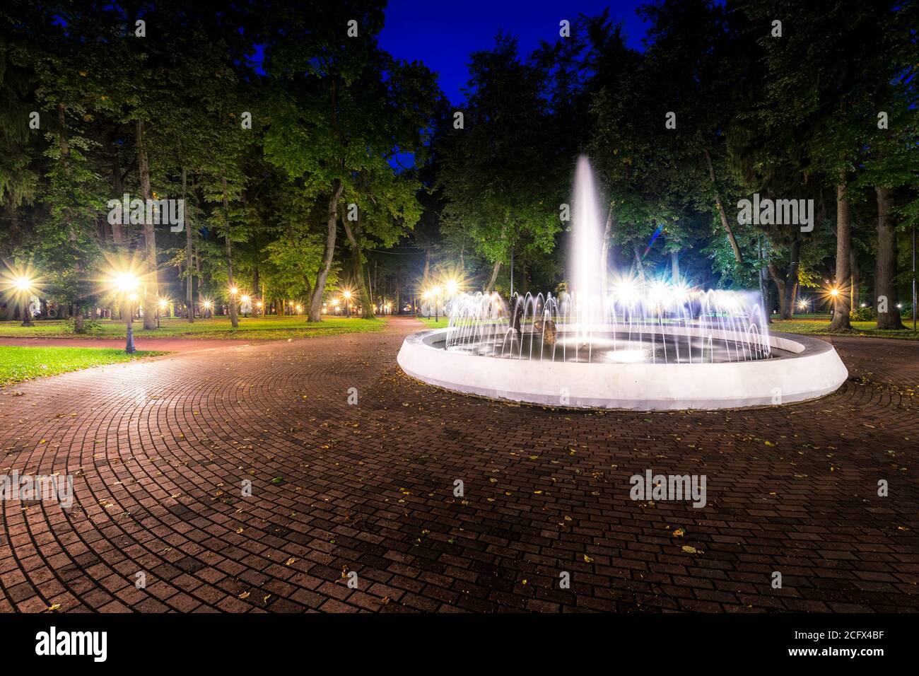 A fountain with blurred streams of water in a night park illuminated by ...