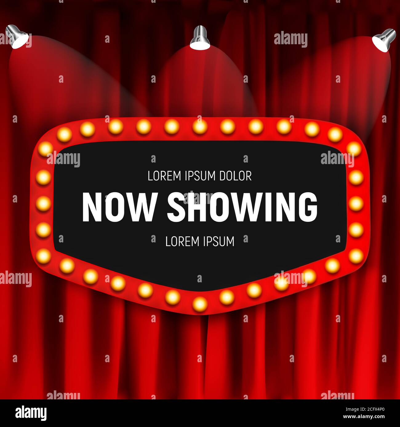 Now Showing announcement board with bulb frame on curtains background
