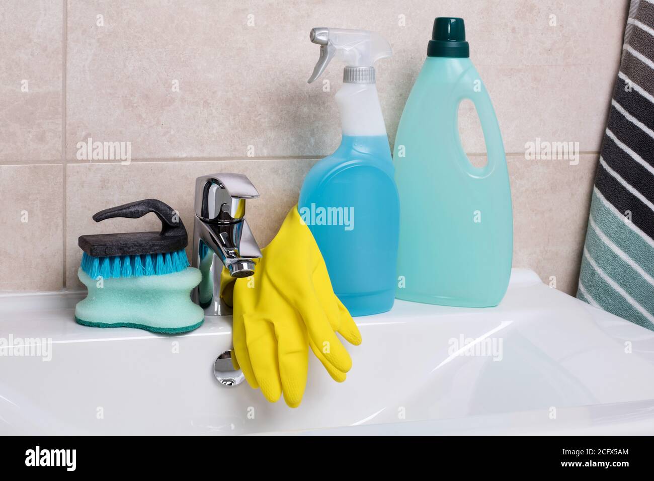 Cleaning products on the sink Stock Photo - Alamy