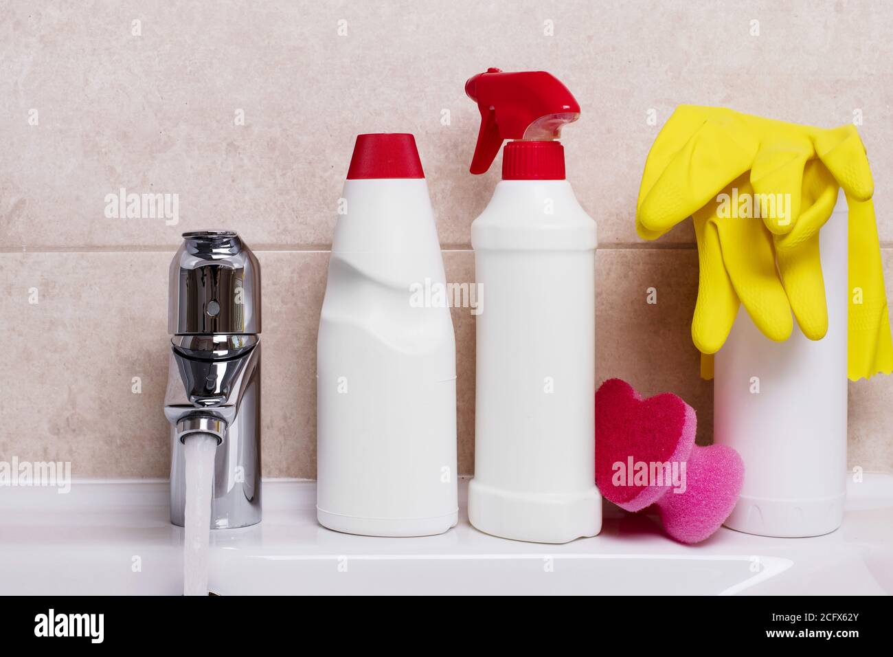 Cleaning products on the sink Stock Photo - Alamy