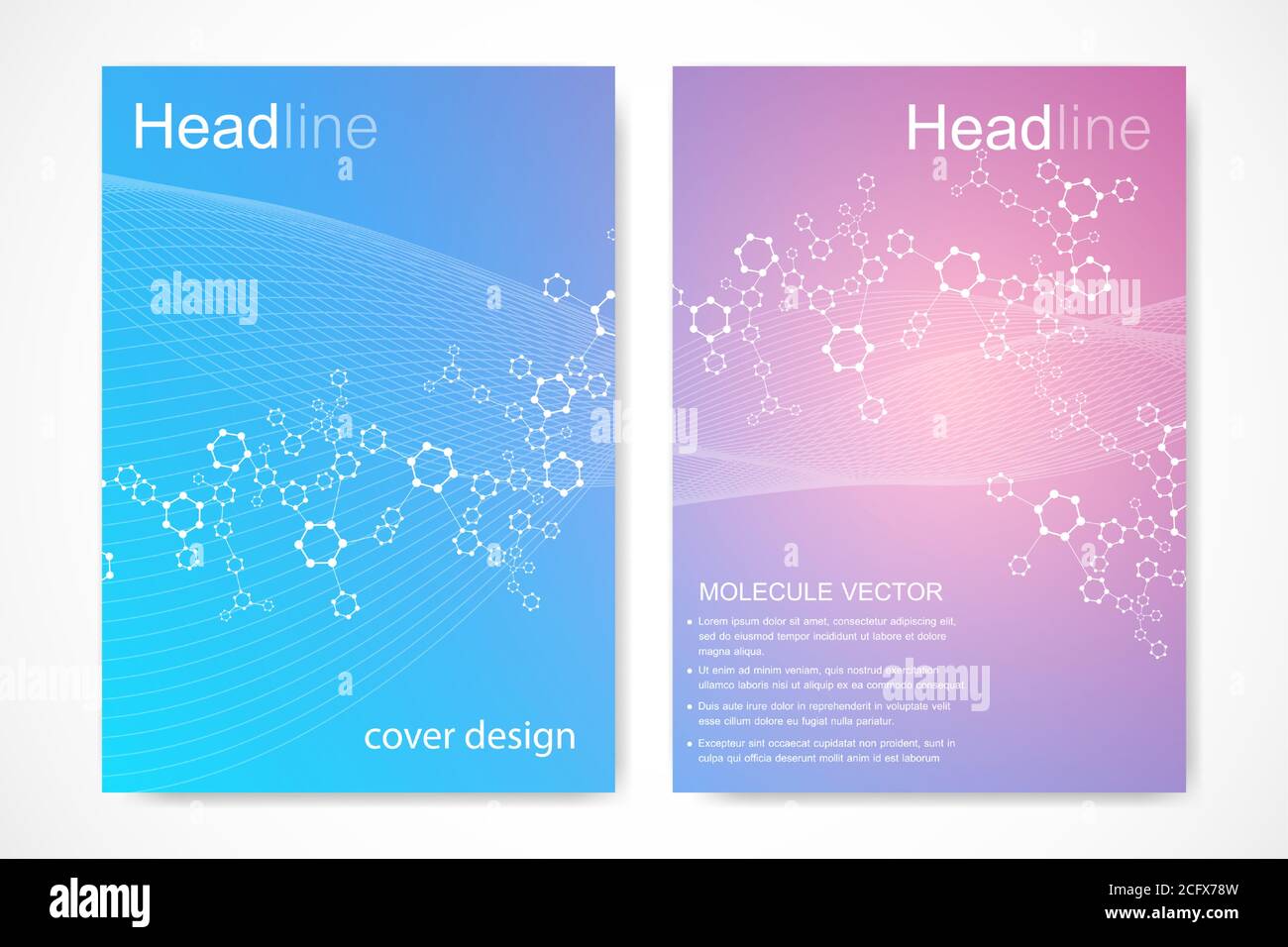 Scientific brochure design template. Vector flyer layout, Molecular structure with connected lines and dots. Scientific pattern atom DNA with elements Stock Vector