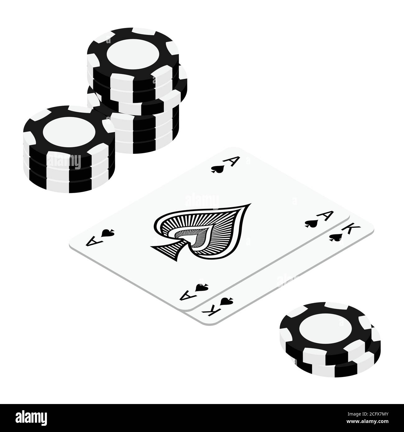 Playing cards and poker chips casino. Concept on white background isometric view. Poker casino vector illustration. Black realistic chip. Gambling con Stock Vector