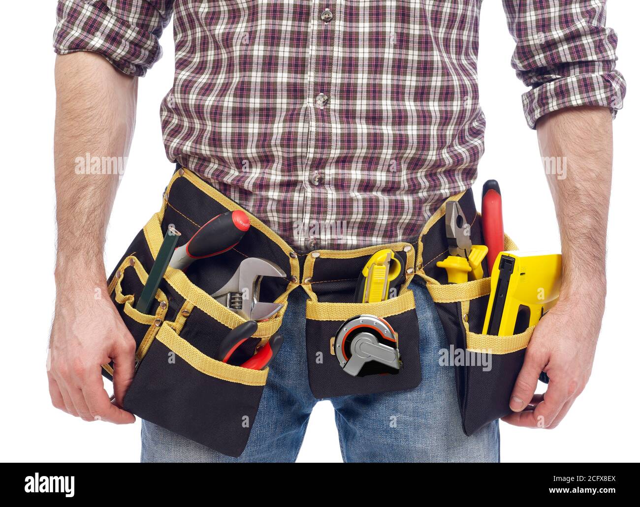 Carpenter wearing tool belt Stock Photo Alamy