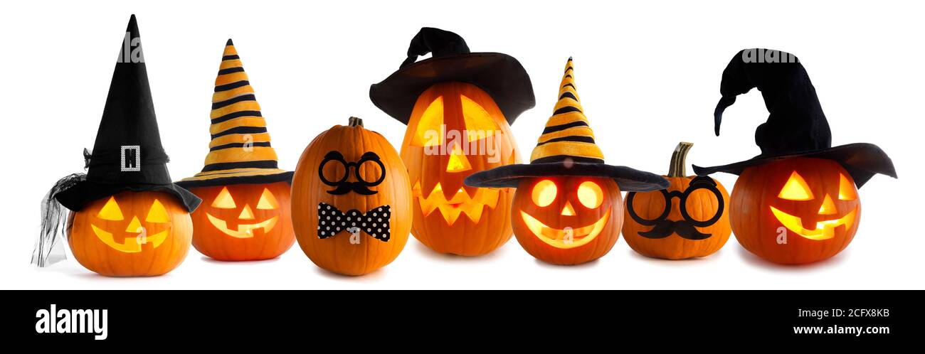 A collection of Jack O Lantern Halloween pumpkins with various ...