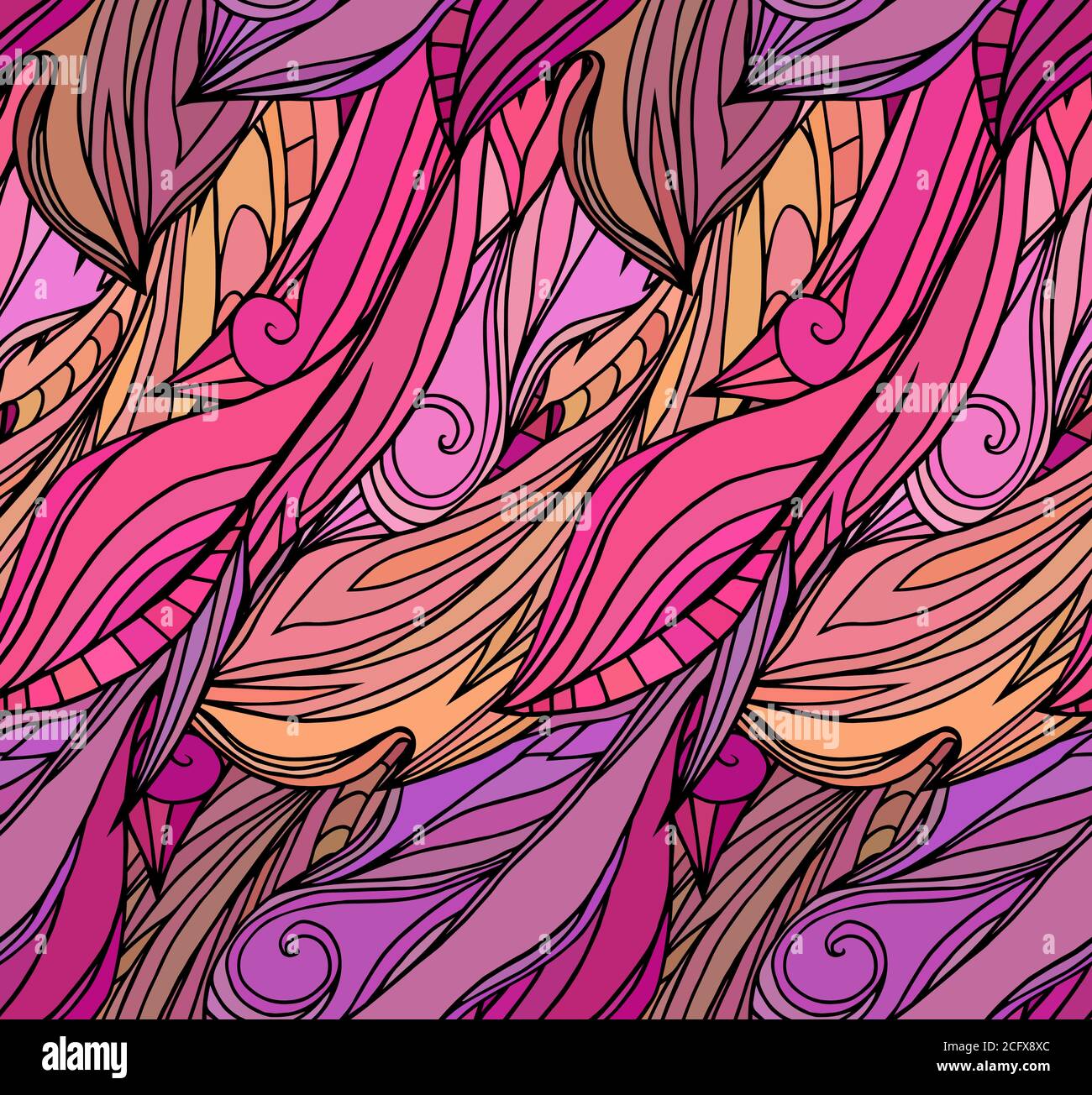 Seamless texture with pink feathers with doodle pattern. Vector pattern for your creativity Stock Vector