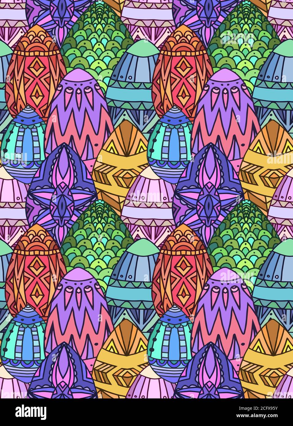 Seamless festive texture with colored Easter eggs with doodle pattern. Vector pattern for  fabric, wrapping paper, backgrounds and your creativity Stock Vector