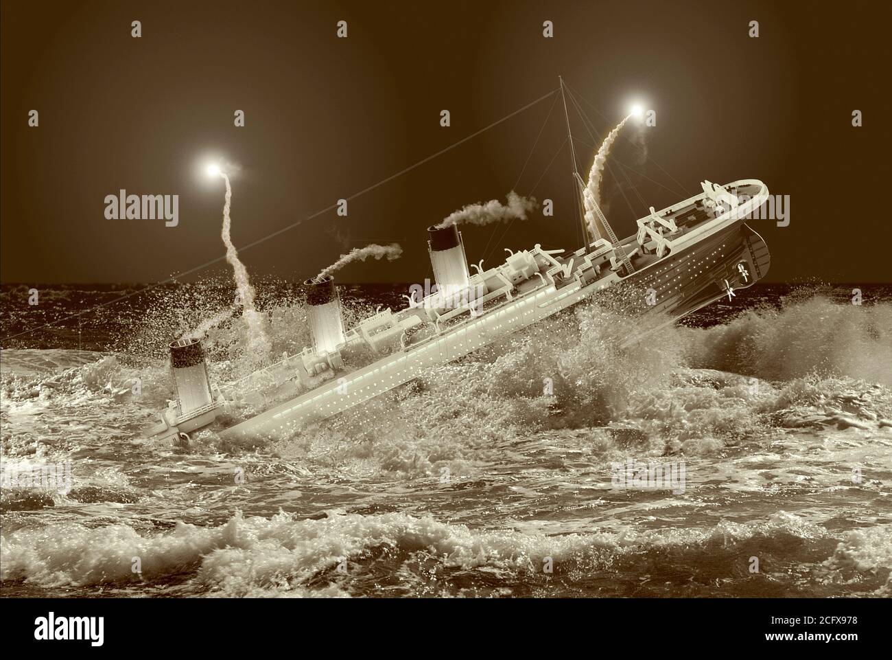 Sinking ship and rescue flares in stormy sea concept Stock Photo