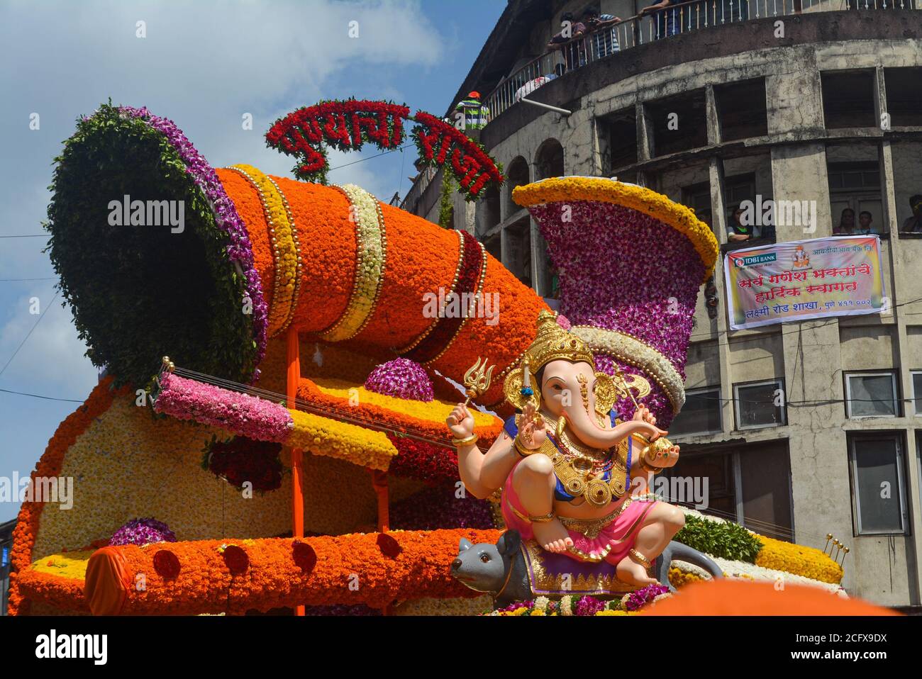 Pune, India - September 4, 2017: Guruji Talim Ganpati idol decoration during Ganpati visarjan festival. Anant chaturdashi Festival celebration in pune. Stock Photo