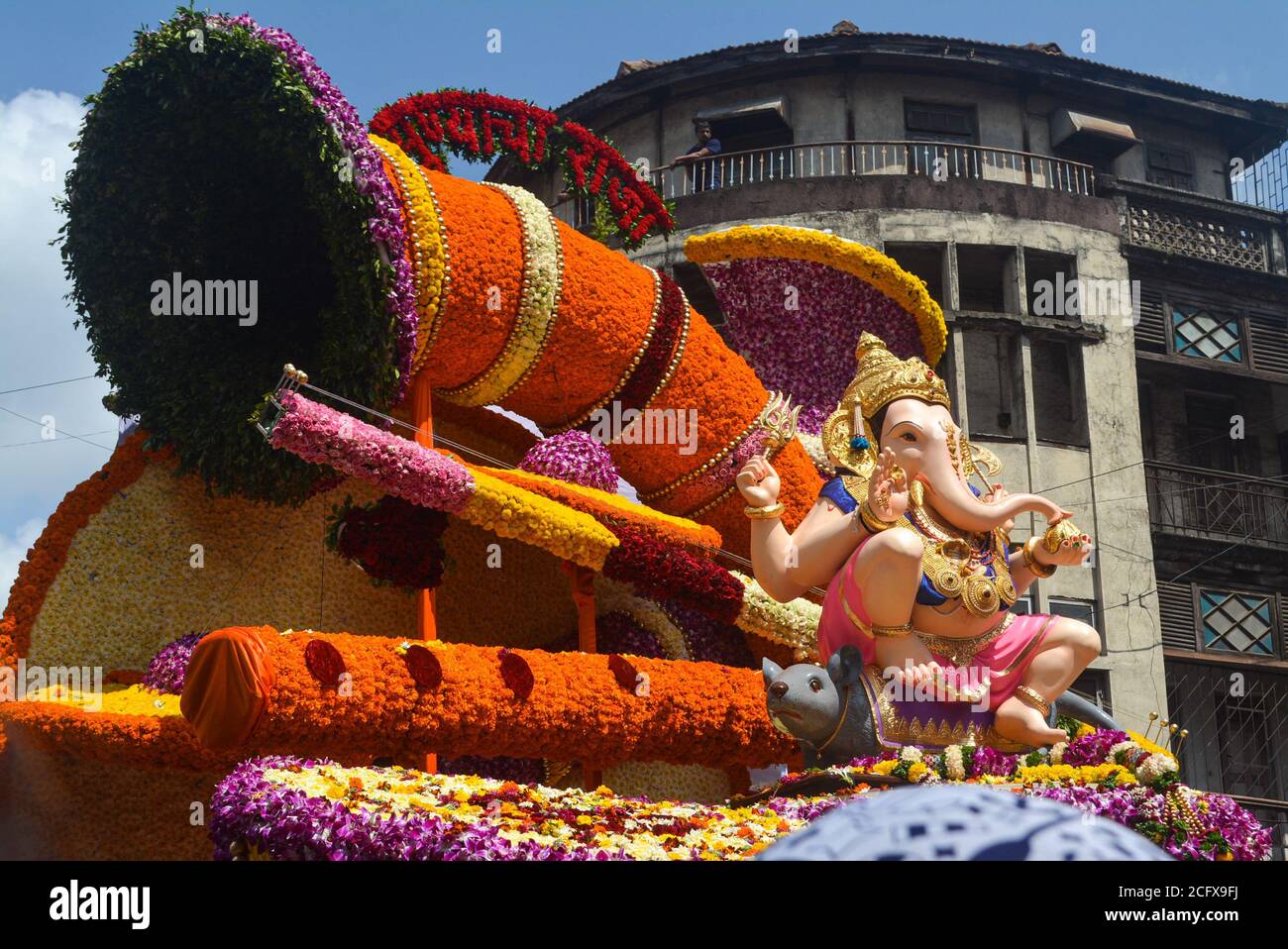Pune, India - September 4, 2017: Guruji Talim Ganpati idol decoration during Ganpati visarjan festival. Anant chaturdashi Festival celebration in pune. Stock Photo