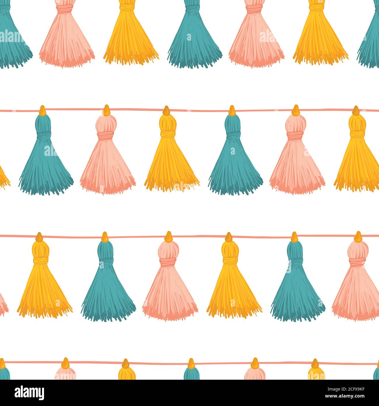 Tassels seamless vector background. Colorful decorative tassels repeating pattern. Great for cards, party invitations, wallpaper, packaging, fabric Stock Vector