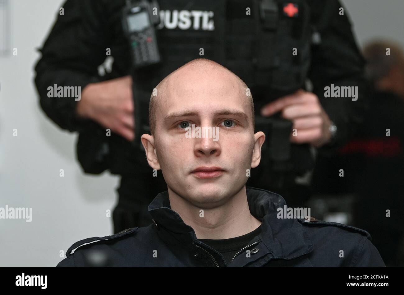 Magdeburg, Germany. 08th Sep, 2020. The accused Stephan Balliet sits in the regional court at the beginning of the tenth day of the trial. The Federal Prosecutor's Office accuses the assassin of Hall 13 of criminal offences, including murder and attempted murder. The assassin had tried to cause a bloodbath in the synagogue in Halle on October 9, 2019, the highest Jewish holiday Yom Kippur. Credit: Hendrik Schmidt/dpa-Zentralbild/dpa/Alamy Live News Stock Photo