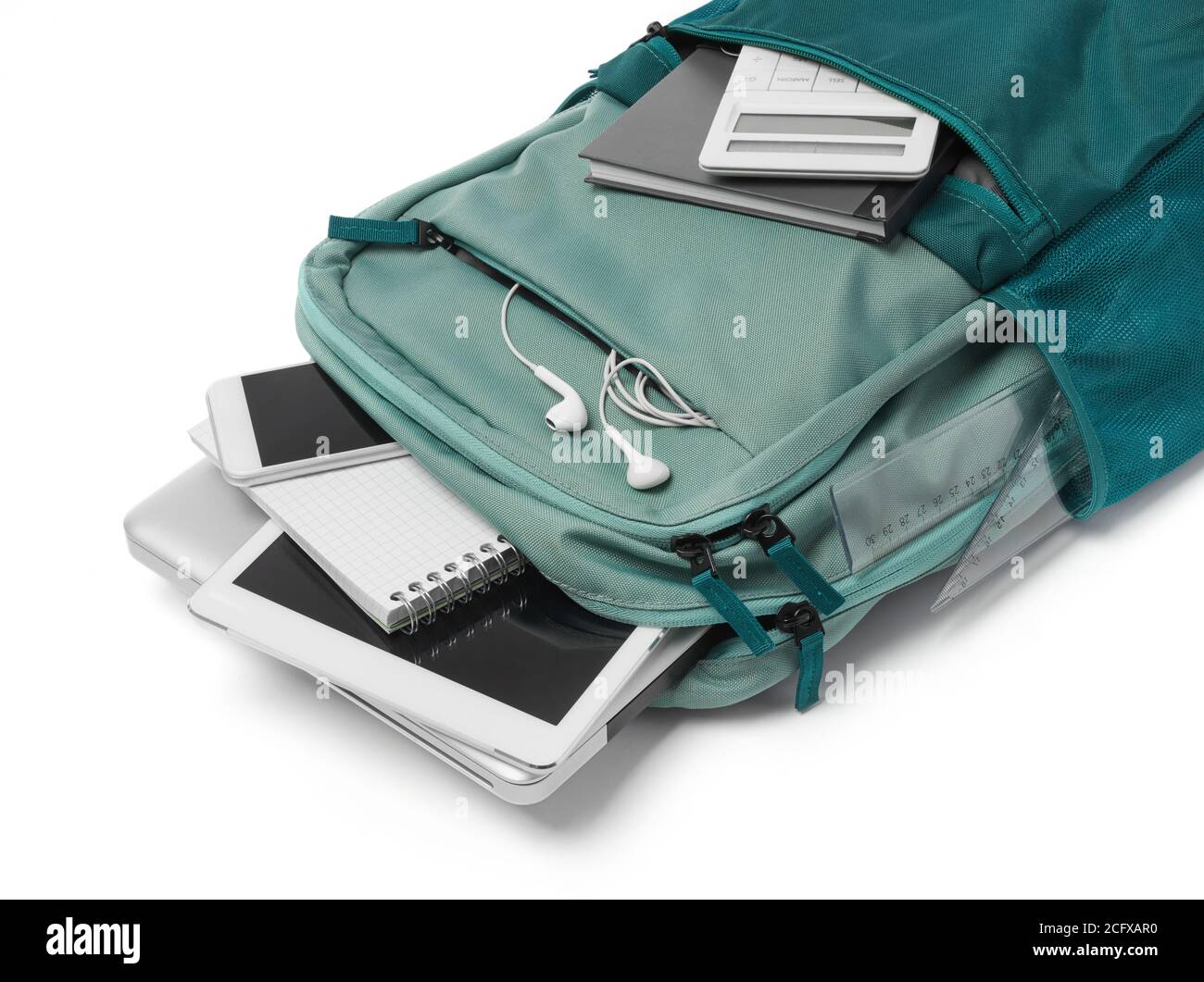 Bag with office supplies on white background Stock Photo