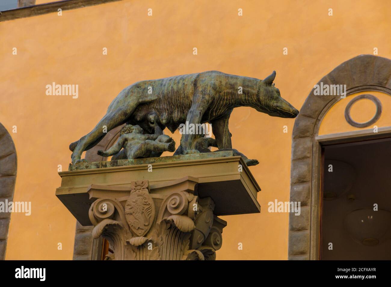 Great closeup view of the Capitoline Wolf bronze sculpture in a square