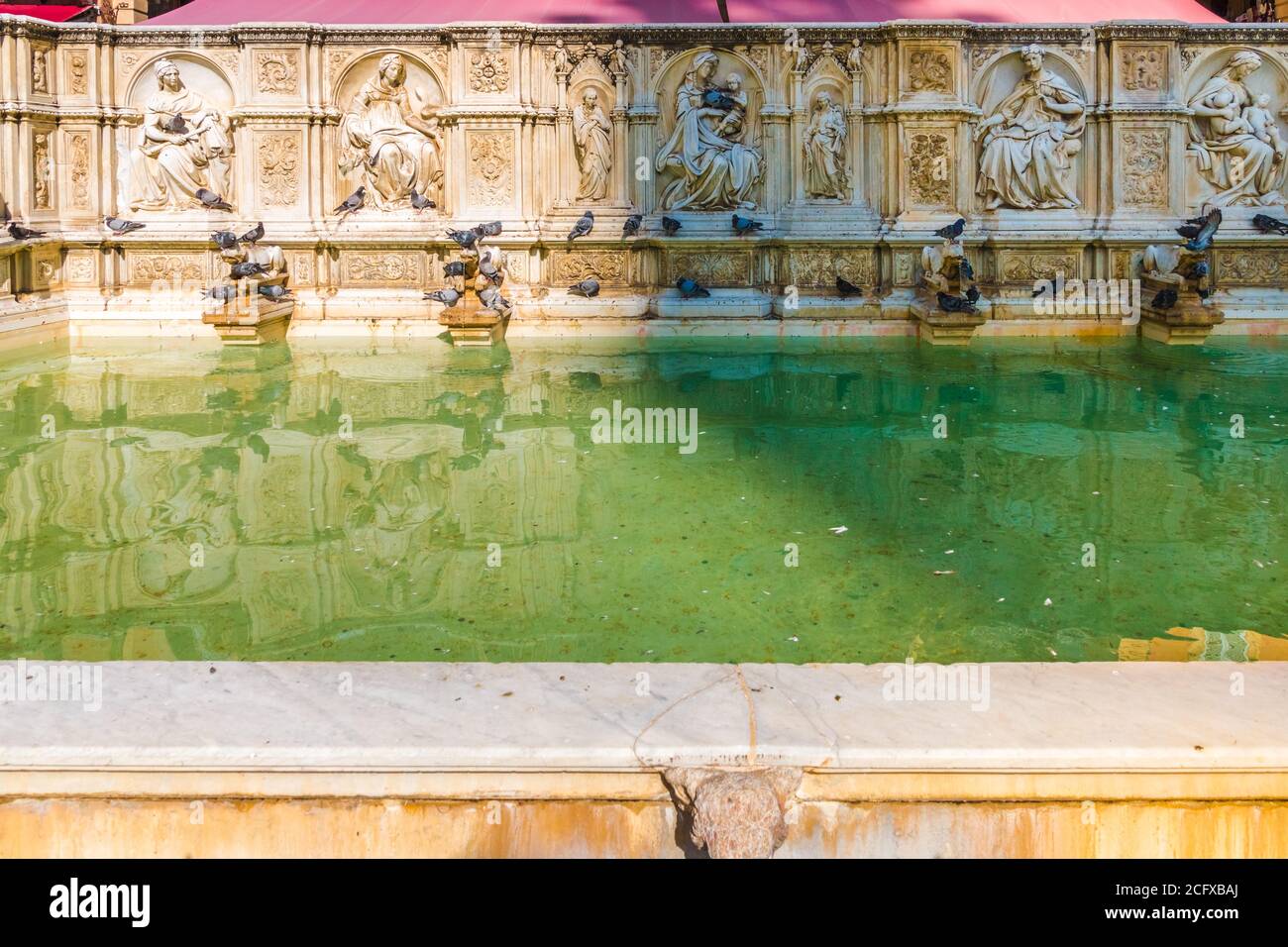 Close-up view of the monumental fountain Fonte Gaia in the Piazza del Campo of Siena, Italy. The fountain is adorned at the centre with a Madonna and... Stock Photo