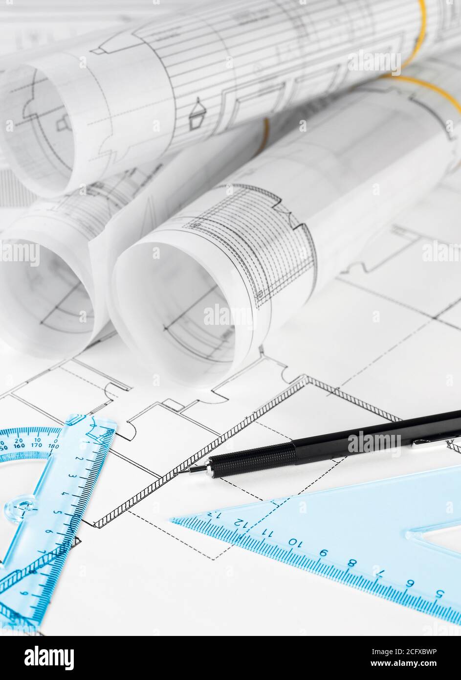 Blueprints, rulers and pencil Stock Photo - Alamy