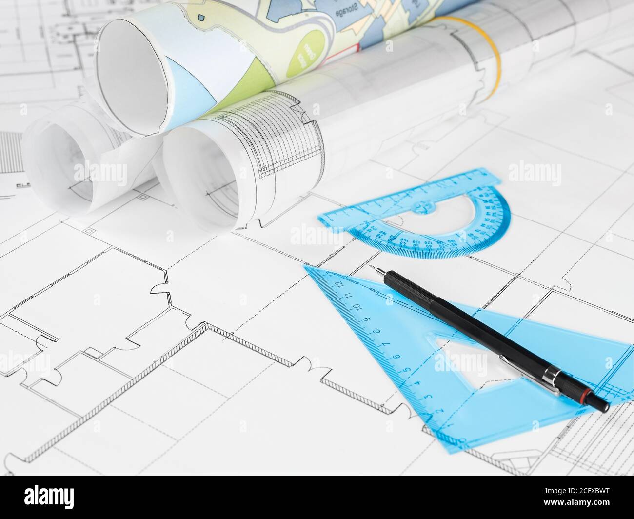 Blueprints and pencil with copy space Stock Photo - Alamy