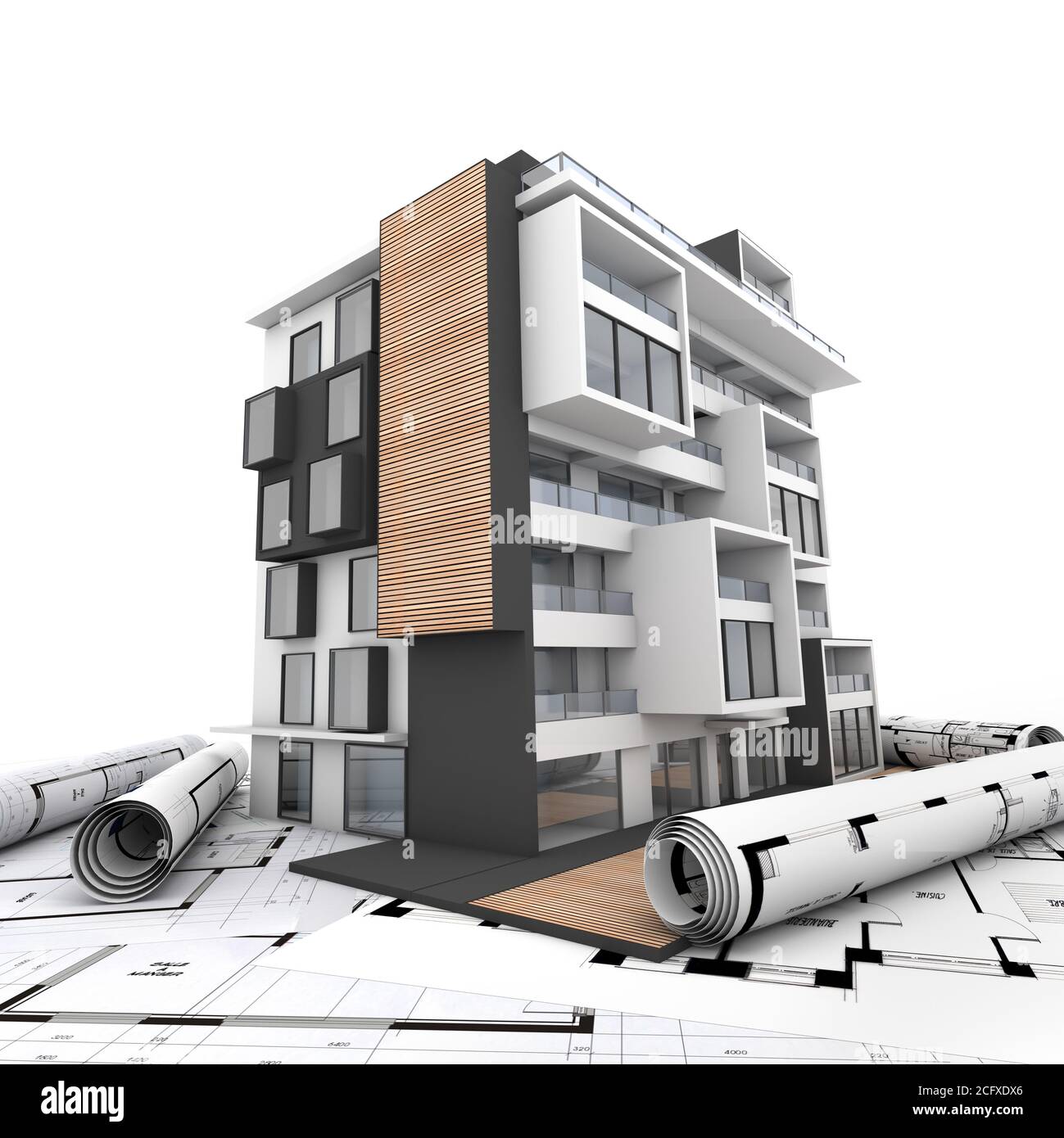 3D rendering of a modern appartment building with garden and blueprints on the background Stock Photo