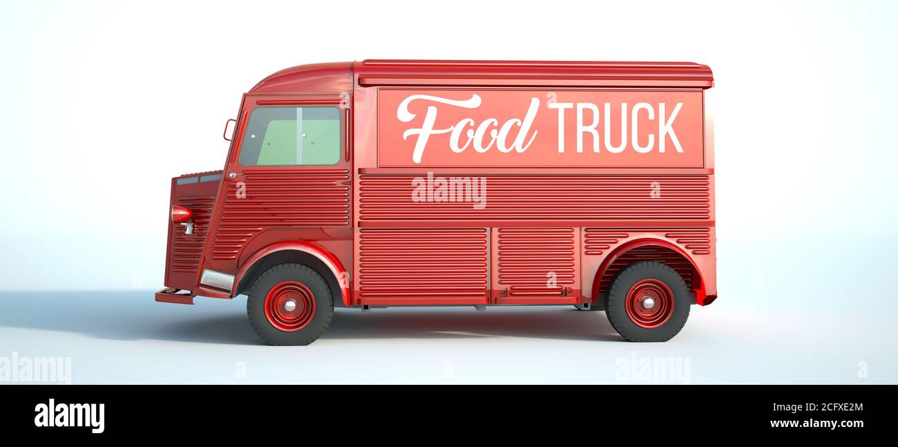 3D rendering of a red vintage van with the words Food Truck Stock Photo -  Alamy