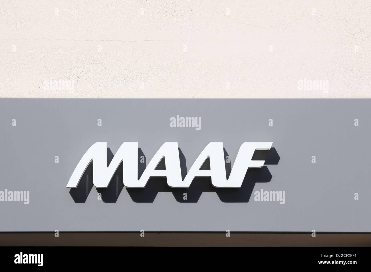 L'Arbresle, France - June 27, 2020: MAAF assurances logo on a wall. MAAF Assurances is a French mutual insurance company Stock Photo