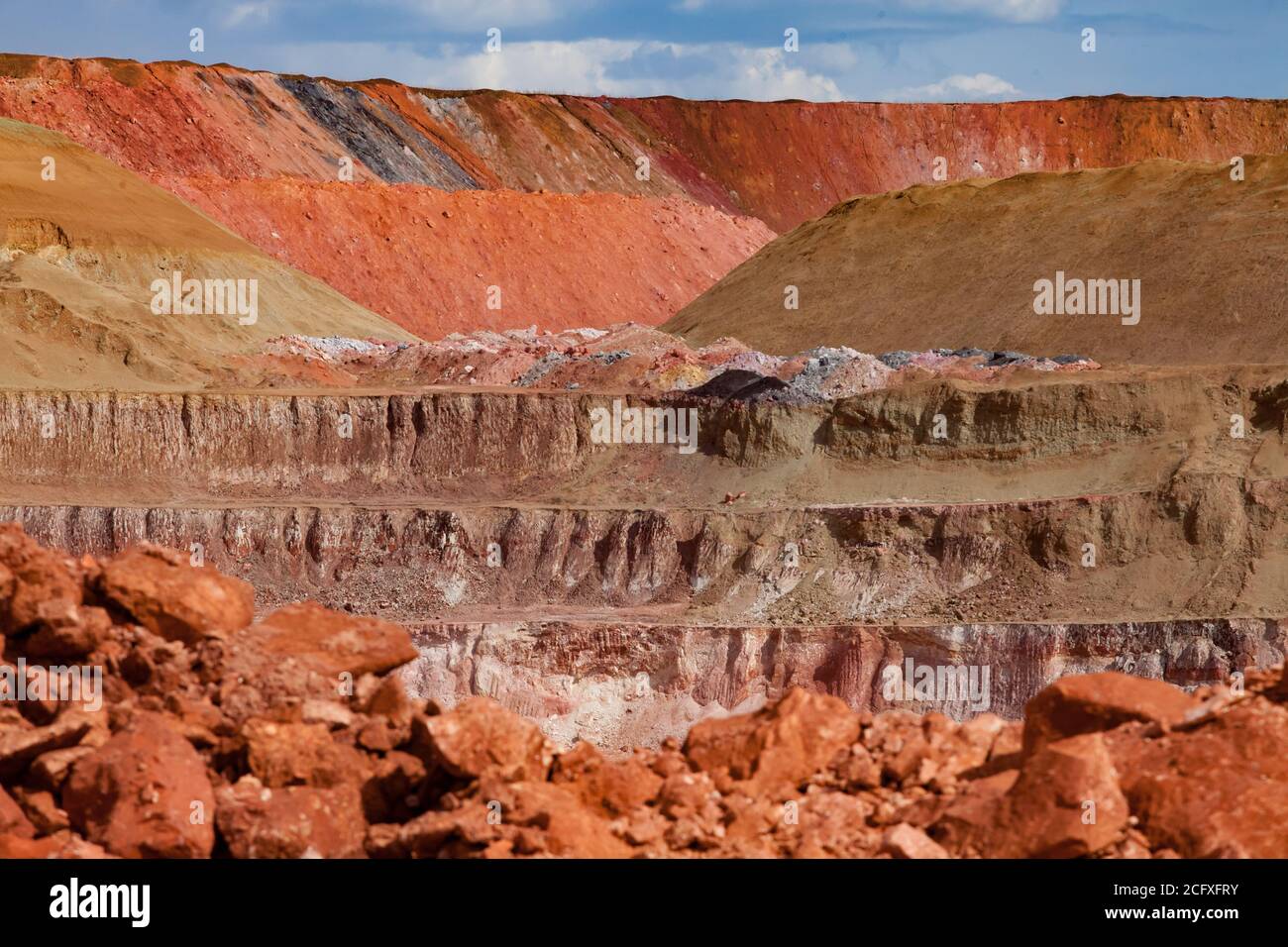 Aluminium ore quarry. Bauxite clay opencut mining. Texture of mineral