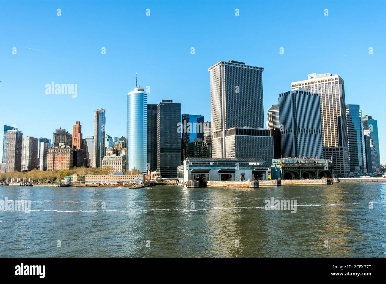 Manhattan and liberty statu viev from the sea Stock Photo