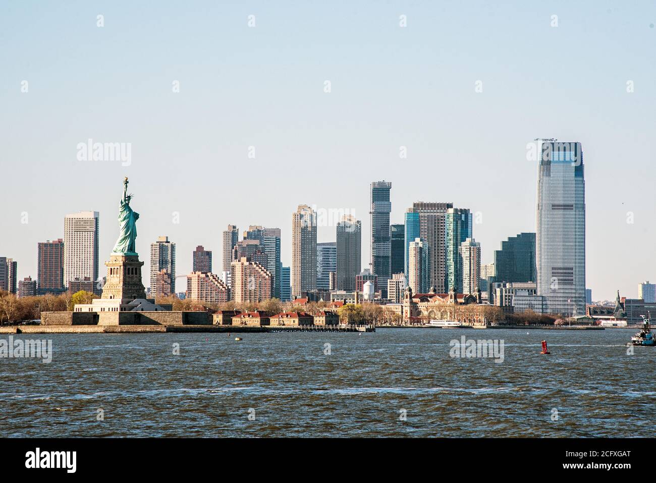 Manhattan and liberty statu viev from the sea Stock Photo