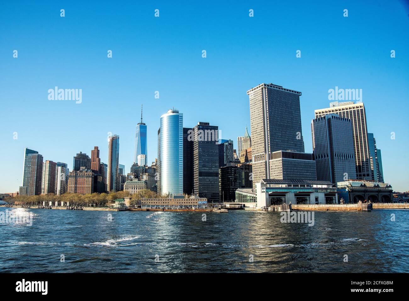 Manhattan and liberty statu viev from the sea Stock Photo