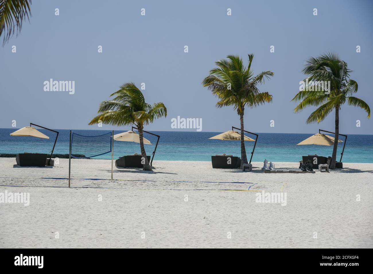 A row of shaded sun loungers and palm tress line the beach at a luxury resort in the Maldives. Stock Photo