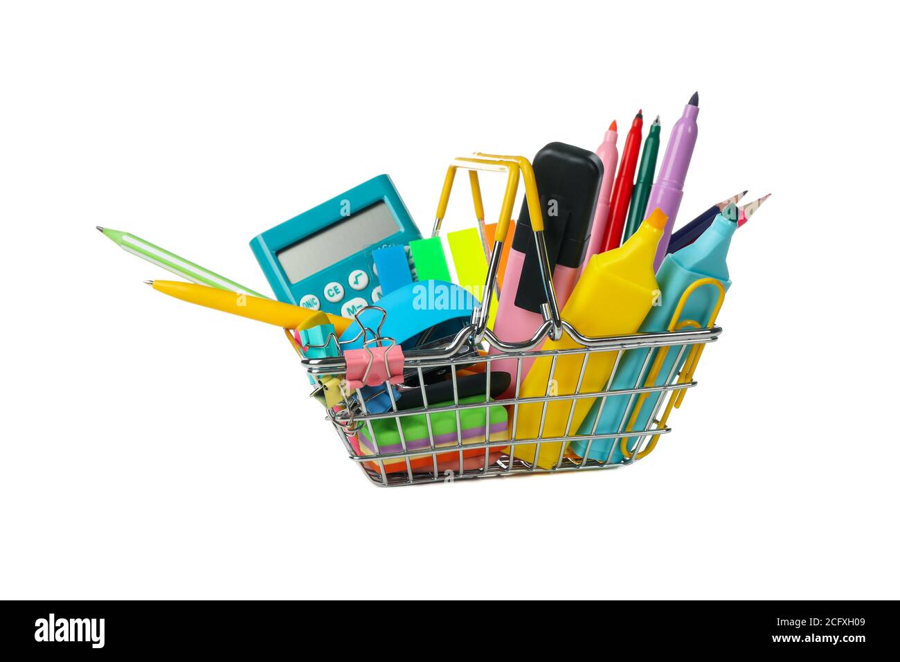 Shopping basket with school supplies isolated on white background Stock Photo Alamy
