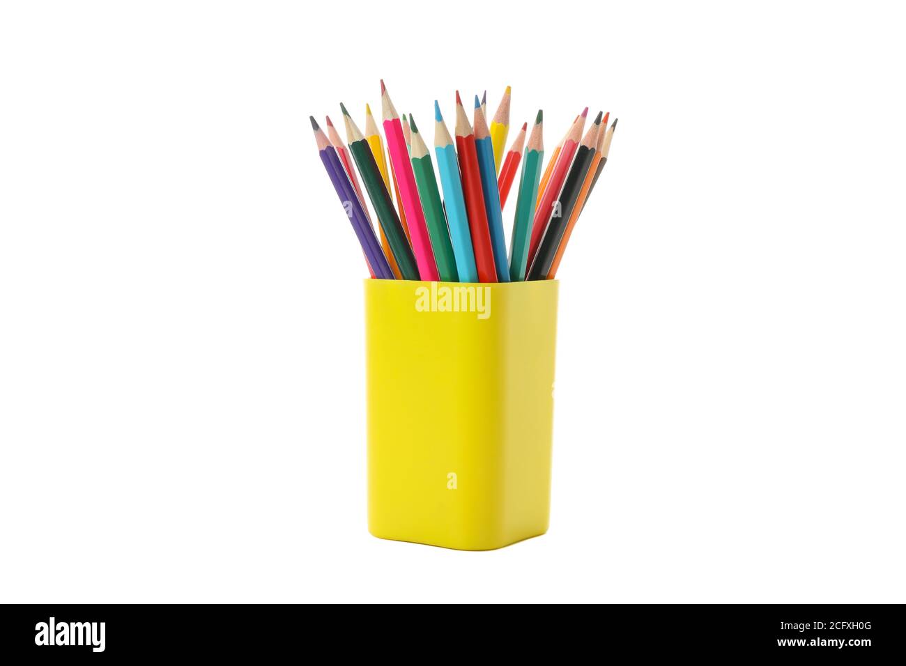 Yellow stand with pencils isolated on white background Stock Photo Alamy