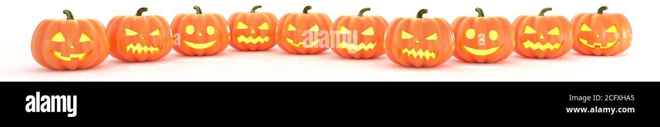 Many Halloween Pumpkins in a row isolated on white background. Wide image. 3d rendering Stock Photo